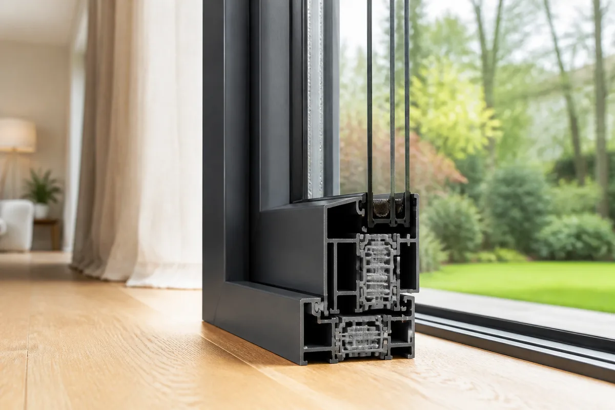 Détail d&rsquo;un profilé de fenêtre en aluminium avec sa barrette de rupture thermique