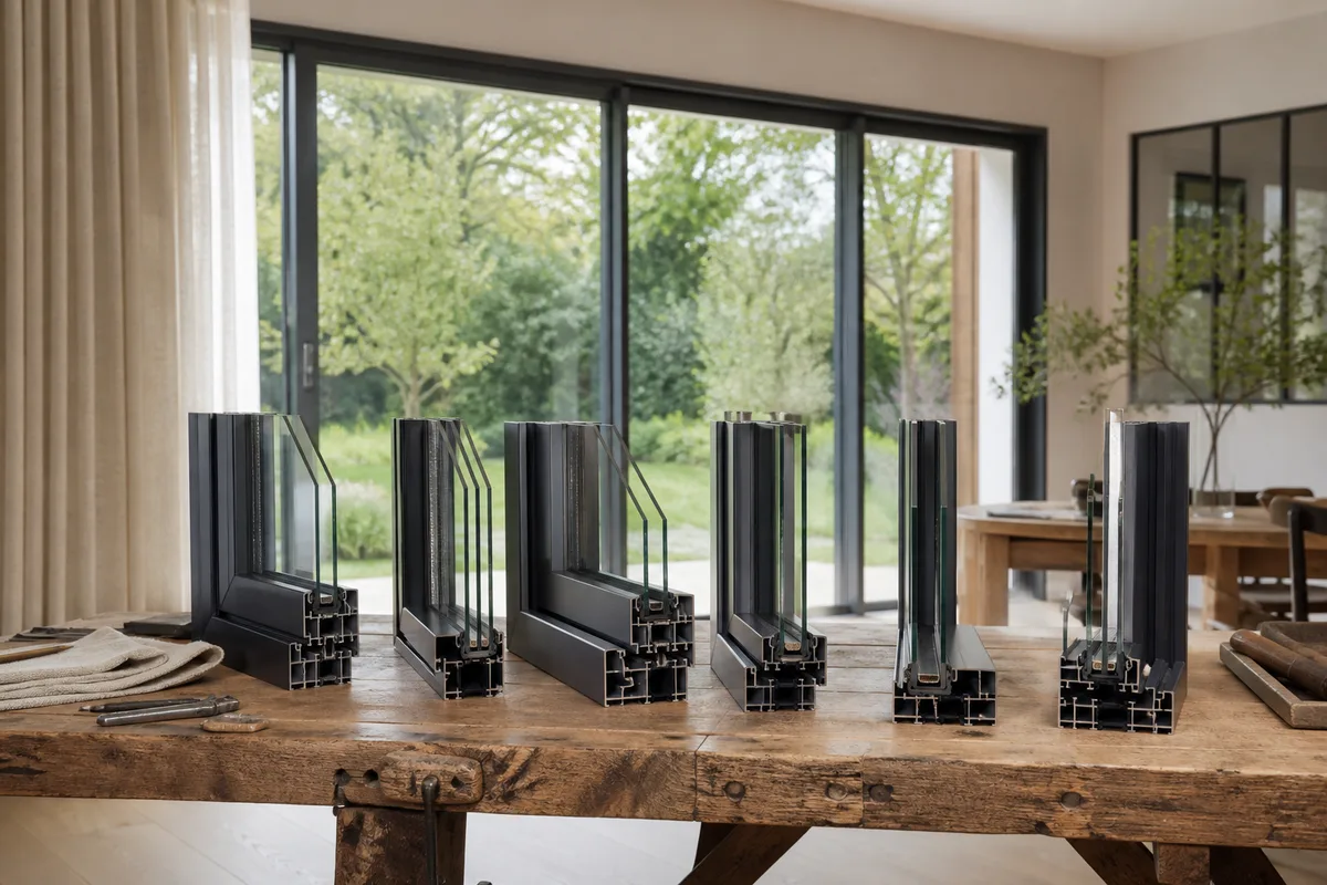 Comparaison de plusieurs profilés de fenêtres aluminium alignés sur un établi