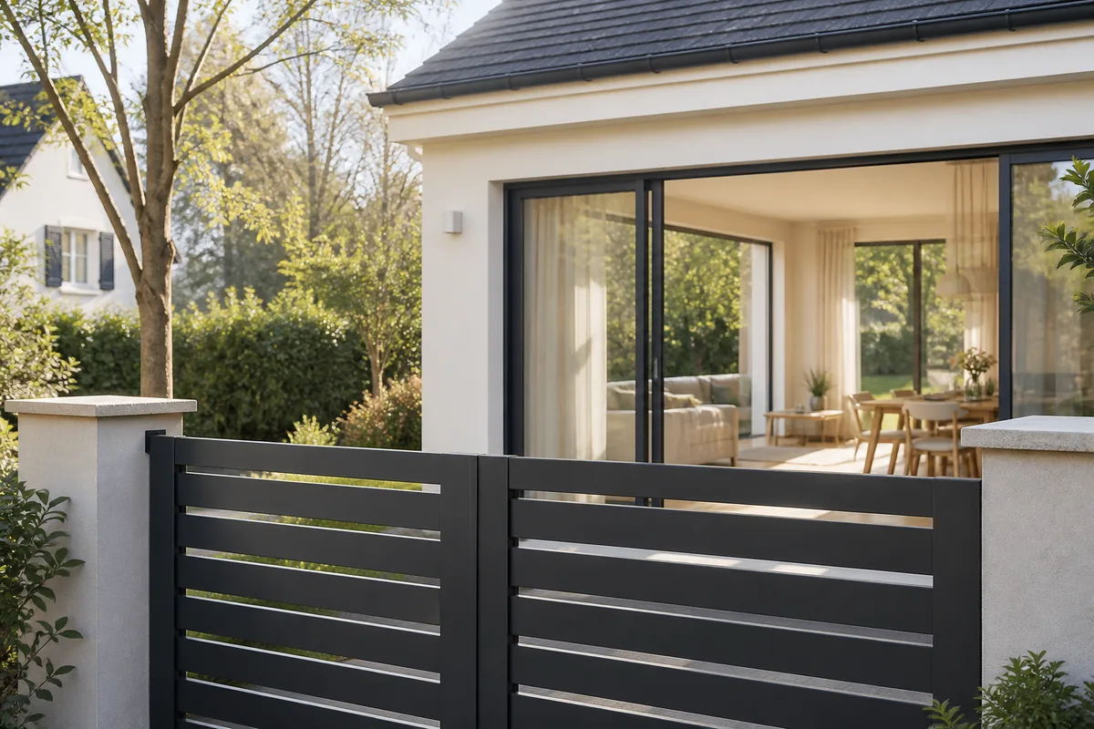 Portail aluminium contemporain à lames horizontales devant un pavillon
