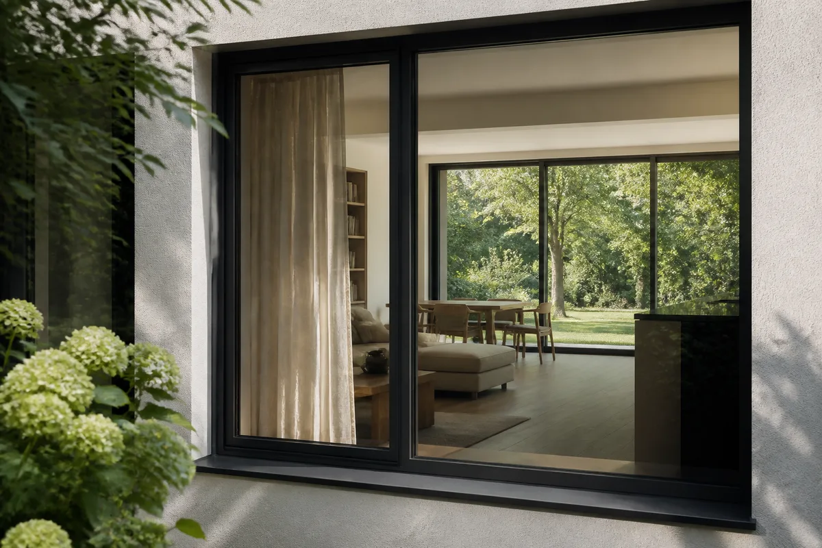 Fenêtre aluminium à ouvrant caché vue depuis l’extérieur d’une façade