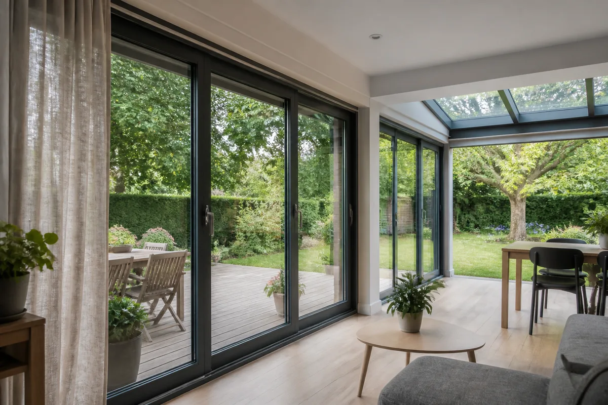 Extension vitrée adossée à un pavillon de banlieue avec jardin arboré