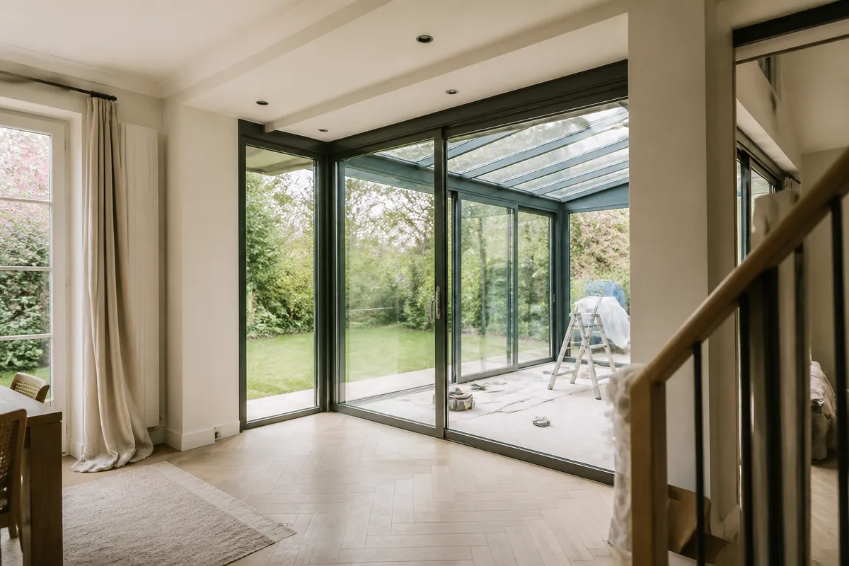 Chantier de véranda en cours avec structure aluminium et vitrages posés