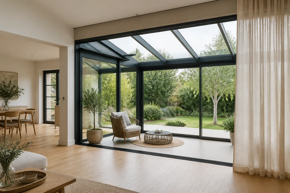 Véranda en aluminium à toiture mixte adossée à une maison de plain-pied